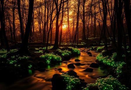 Cinematic long exposure, enchanting woodland at sunset, bio-luminescent brook flows through the trees, glowing flora, soft focus on the foreground, darkening backdrop, warm golden light, gentle mist, soft blur, warm tones, hyper detailed, intricate details, volumetric lighting, 8K, dslr, high quality