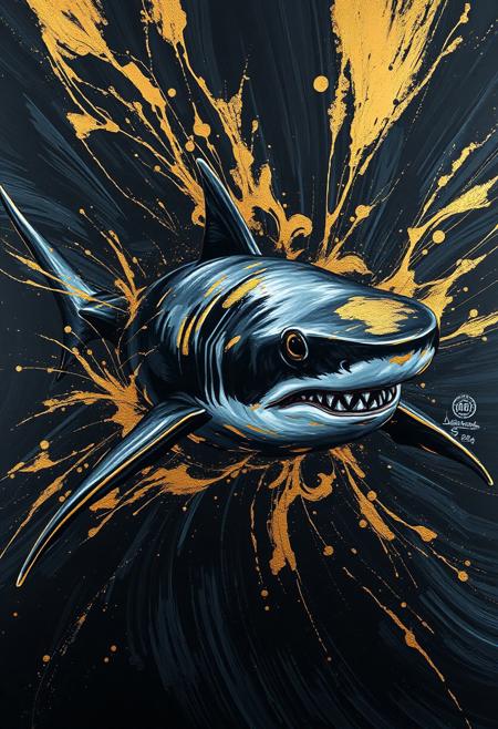 A hyper-stylistic, extremely detailed image depicts a breathtaking painting, crafted from a combination of smeared black and gold metallic paint. A shark is captured in a streaked motion, as if it is moving rapidly in one direction. The black paint is applied in bold, dynamic strokes, creating a sense of energy and movement that is contrasted beautifully by the golden accents. The gold paint is used to highlight the shark's features, adding a sense of depth and dimensionality to the image. The overall effect is one of breathtaking, surreal dynamism, as if the viewer has captured a fleeting moment in time. Every detail of the image is meticulously crafted, from the delicate, swirling patterns of the gold paint to the intricate, textured patterns of the black paint. The contrasts between light and dark, color and texture, create a sense of tension and energy that draws the viewer in, inviting them to explore the kinetic world of the painting. highest-Quality, intricate details, visually stunning, Masterpiece