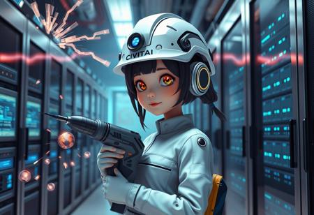 just one cute android girl with construction helmet, holding a futuristic drill, in a server room, multilple servers and monitors, it says "CIVITAI" on the helmets, impressive electric arcs and sparks in the background, lucid dream-like 3d model, photorealism, cinematic realism, unreal engine