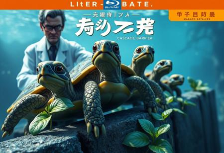 Create a Blu-ray cover image for the USA market featuring a close-up of turtles on a Cascade Barrier. Include a menacing and evil scientist in a lab coat with a basil plant nearby. The image should have a golden ratio composition, with volumetric lighting and subsurface scattering. Incorporate micro and lifelike details, and ensure the style is reminiscent of Makoto Shinkai's work. The final image should be HD and HQ. For reference, consider the style of promo and concept images.