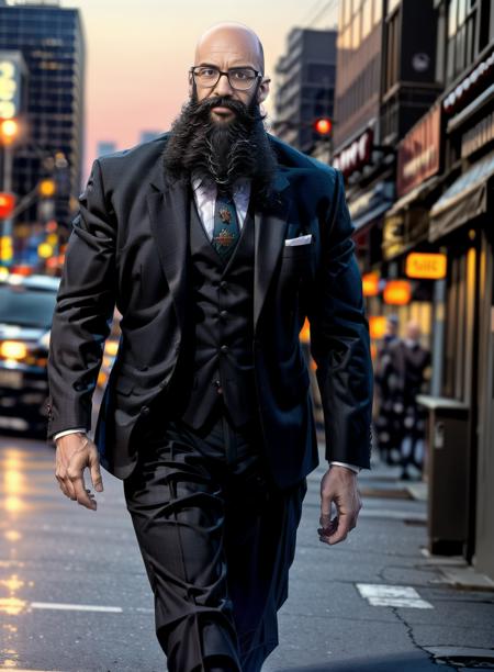 1man,masterpiece,best quality,dusk,cityscape,bodybuilder male bearded middle aged man bald,walking,wearing a black suit,depth of field,
<lora:add_detailLora:1>