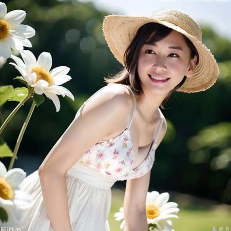 (gakki:0.9),(masterpiece), looking at viewer,
best quality, ultra high res, (photorealistic:1.4), 1woman, (white sundress flowers pattern:1.4), (straw hat on head), beach, posing, (low angle), (bokeh), sunset, (aegyo sal:1.4), ((puffy eyes)), (seductive pose),(cleavage), (curvy), full body, pureerosface_v1,(smile:1.3), (small breast:1.3),(platinum white hair with pink tone:1.2)
 <lora:gakki:1>