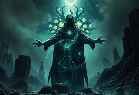 A universe inside a dark cloaked figure within mysterious landscape in an unfathomable realm of fantastic creation inhabited by ancient shadows of a forgotten time beyond the gate of the gateless gate where life is limitless, light is shadow and shadow is light, eerie sense, horror, spark of the beginning, existence and nonexistence at once, ethereal, outstretched arms, behold the end of the beginning, inglorious glory to the dark one, betrayal of the ancient order, beware the 7headed beast, destroyer of the old ways, bearer of the unbearable, nightmarish, archaic runes, tree aging backwards, breath of the gods, ruins of a place unimagined, extreme intricate detail, photorealistic, beyond epic scene, fate discarded, unseeable face of god, the end is the beginning, the beginning is the end, man arises as god dies, as above so below, as below so above, emerald tablet, thoth, guardian and saboteur of existence, hopeless hope, ghosts of the unborn, conception of the inconceivable, cosmic well of imperceptible perception, evil aura, infinite emptiness, pillars of void, overwhelming subtlety, abstract sacred geometry, beams of readiness without intention, gift of doom, despair of the ages, hidden secret warnings from dead gods, hand carved by the conductor of unholy loneliness with the sands of time incarnate, farewell her majesty