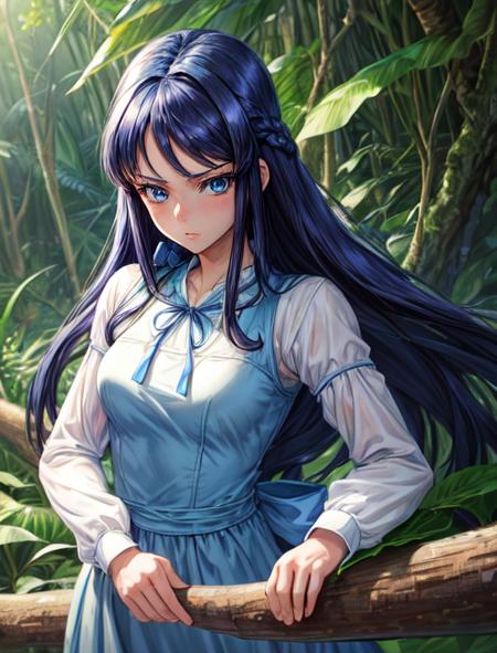 best quality, masterpiece, highres, detailed, digital illustration, <lora:Tools - add_detail:0.2>, RikaHishikawa, blue eyes, blue hair, long hair, <lora:Character - RikaHishikawa:0.8>, white sleeves, blue dress, ribbon, long sleeves, bad, jungle , upper body ,  jojo pose,