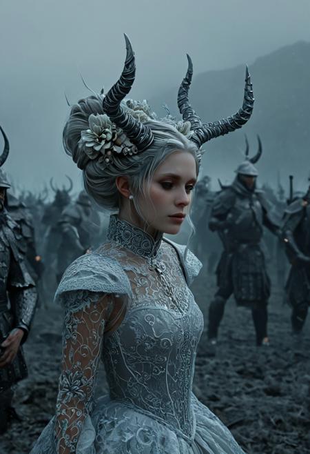This is a highly detailed CGI illustration in a fantasy art style, depicting a dramatic, ethereal scene. The central figure is a woman with a striking, almost otherworldly appearance. She has an elongated face with a serene, contemplative expression, and her skin has a pale, almost ethereal quality, giving her a ghostly appearance. Her head is adorned with intricate, spiraling horns that resemble those of a mythical creature, tapering to sharp points. Her hair is styled in a high, intricate updo adorned with delicate, flower-like patterns, blending seamlessly with the horns.
The woman's attire is equally fantastical, featuring a flowing, ornate gown made of a fabric that resembles ice or frost, covered in intricate, lace-like patterns that shimmer subtly. She wears a high collar adorned with more intricate, flower-like details.
The background is a misty, dimly lit scene filled with a multitude of armored figures, suggesting a battlefield or a post-battle scene. The figures are indistinct, their helmets and armor blending into the misty, foggy background, creating a sense of chaos and desolation.