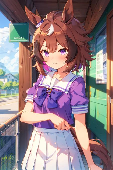 <lora:shinko_windy_v3:0.75>  shinko_windy, horse girl, horse ears, horse tail, short hair, brown hair, white hair, purple eyes, streaked hair, multicolored hair, tracen school uniform, school uniform, summer uniform, serafuku, purple shirt, puffy short sleeves, white skirt, purple bowtie, purple bow, horseshoe ornament