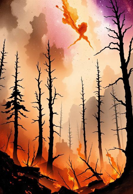 "A haunting watercolor of a wildfire’s dance—fluid washes of burnt orange and crimson bleed into ashen grays, their edges blurred like smoke curling into damp paper. Charcoal-black trees emerge from the chaos, their skeletal forms softened by translucent layers of sepia and ochre. Above, the sky weeps in bruised purples and indigo, pierced by delicate splatters of gold where embers mimic distant stars. Below, hints of mossy green and umber peek through scorched earth, suggesting resilience. Let the pigments pool and bloom organically: fire’s ferocity tempered by water’s surrender, capturing both destruction and the quiet, inevitable return of life."  
---
<lora:Flux-XL_Scenery:0.15> flux-scenery,
<lora:Flux-style-xl-lora:0.15> flux-style,
<lora:FLUX-daubrez-DB4RZ-v2:0.35> DB4RZ, DB4RZ style painting <lora:illustration004:0.8> illustration004 chaotic expressive line-art scribbled and erratic strokes monochromatic black ink <lora:Scribble Portrait Drawing:0.35> Drawing <lora:aidmaMJ6.1_v0.5_3:0.35> aidmamj6.1, aidmamj6, mystcorbCE_style
