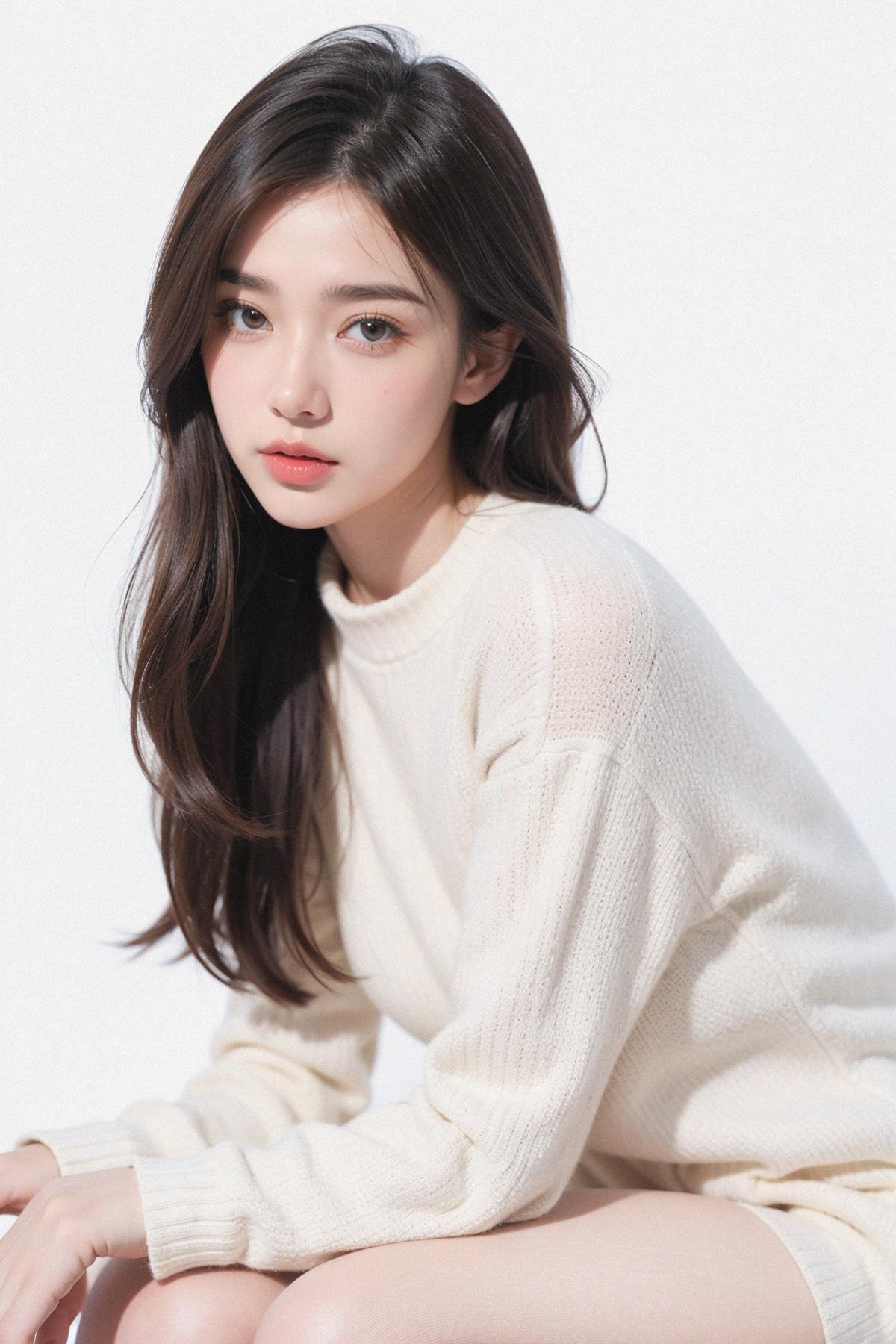 A young woman wearing a white sweater.