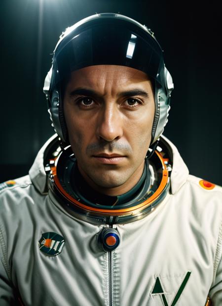 ( <lora:ChristopherLee:.8>) Portrait photo of (cl1) a man with short hair,  Detailed face, (perfect green eyes), (realistic matte skin:1.1), perfect body, wearing ((Apollo-Soyuz Test Project Spacesuit (ASTP) )), Modelshoot style, Professional Photography, soft lighting, PHOTOREALISTIC, Realistic, standing in dark studio background, blurred background, volumetric fog,. RAW, analog style, sharp focus, 8k, HD, DSLR, high quality, Fujifilm XT3, film grain, award winning, masterpiece,