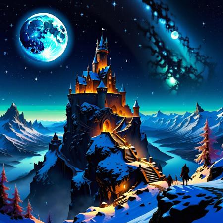 high quality, ultra detailed, colorful, abstract, fantasy, bo-abyss, A D&D group of adventurers travelling in a fantasy world, arriving at a magicianâs tower on the top of a snowed mountain. The tower looks like a fantasy medieval strata observatory. It is night and there are a lot of stars, a meteor far away and a full light moon in the sky.
