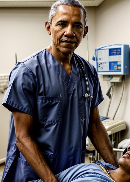 best quality, masterpiece, highres, detailed, perfect anatomy, Barack Obama  working as a male nurse in a hospital, 1boy, nurseCH , blue uniform,  <lyco:NurseCHV1:0.7>