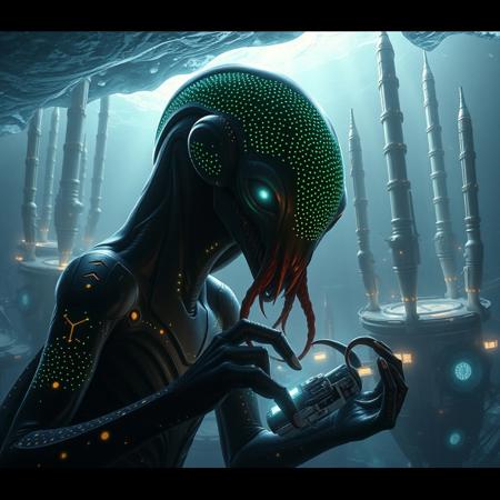 "(Ultra-realistic, 32k, Masterpiece, High Quality, Detailed Realistic Background, Official Art, Realistic Lighting). Create a close-up scene of an Abyssal Navigator, a deep-sea alien species adapted to survive in the crushing depths of a distant ocean world. Their sleek, elongated bodies are marked with glowing bioluminescent patterns, like intricate constellations on dark, smooth skin. The creature’s glowing eyes and patterned facial features are sharply focused as it uses tentacle-like appendages to hold an advanced underwater navigation tool.
In the background, depict their sci-fi architecture—structures made of pressure-resistant alloys, glowing with bioluminescent accents. These resemble organic, flowing forms, with towering metallic spires, floating platforms, and translucent surfaces that reveal machinery beneath. Energy conduits pulse with light, connecting parts of the city. This blend of natural shapes and advanced technology reflects a balance between their alien ocean environment and high-tech civilization. Epic dark lighting fills the scene, with soft rays filtering through the icy surface above, casting an ethereal glow over the architecture and creatures."