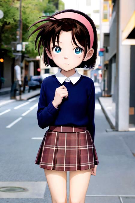 ayumiyoshida, child, blue eyes, short hair, brown hair, bangs, hairband, shirt, plaid skirt, short skirt, embarrassed, standing, city <lora:ayumi-v2:1>