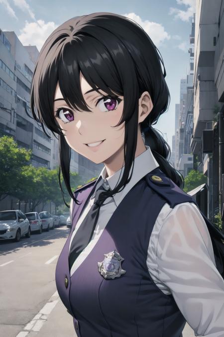 best quality, masterpiece, portrait, kobayakawa miyuki, black hair, purple eyes, long hair, medium breasts, low ponytail, sidelocks, police uniform, police woman, vest, necktie, looking at viewer, outdoors, city, street, smile,
<lora:Kizuki - Taiho Shichau zo - Kobayakawa Miyuki:0.9>