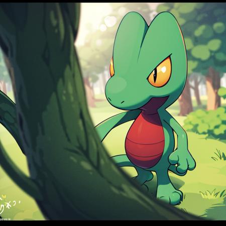 centered, award winning photo, (looking at viewer:1.2), |  Treecko_Pokemon, |forest, | bokeh, depth of field, cinematic composition, | <lora:Treecko_Pokemon_AnyLora:0.8>