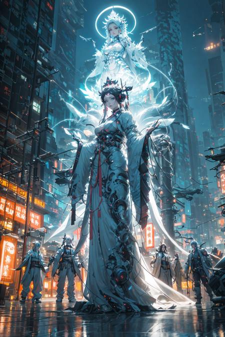 guanyin,(dramatic, gritty, intense:1.4),masterpiece, best quality, 8k, insane details, intricate details, hyperdetailed, hyper quality, high detail, ultra detailed, Masterpiece,
Chinese mythology, South Sea Goddess of Mercy Bodhisattva,thousand hands Goddess of Mercy, ( Cyberpunk, Cyberpunk city:1.4),(Cyberpunk lights, light pollution:1.3), glow, white clothes, Chinese gods, Myths and Legends, smoke, tension lens, backlight, luminous clothing,
(chinese style architecture),science fiction, workshop,
1girl, (Beautiful and detailed facial depiction), Gloom, Sad, ((shiny skin)), {Extremely Delicate Beautiful},(Beautiful and detailed eye description), Delicate Faces, (Winter snow), (Taoist robe), (Upper body), Chinese style clothes,Chinese Han clothing,White and blue Taoist robe, (colored china dress), (hybrid), messy_hair, multicolored hair, (colored tips), shiny hair,
((exoskeleton)), (mechanical joints), (mechanical parts), ((internal structure)), (detailed structure), hair rings, mechanical internal structure, delicate internal structure,
(cables), (wires), (pistons), electricity, (glowing orbs), (luminous engine), energy cannon, (energy core), (cables connected to body), (wire connected to body), (robotic arms), ((Electronic collar)),
Pauldrons, (Scapular cannon), screws, piugs, ventilator fans, 3d, 3d render, beautifully lit, ray tracing,
scattered particles, emotionless, Slim waist, outdoors, detailed background, (neon lights), lighting face, full body,Buddha