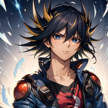 ((masterpiece, best quality)),(complex light),1boy, solo , upper body, blue eyes,  ,Yusei Fudo, black hair, floating light particles,  <lora:yusei_fudo1-10:0.6>