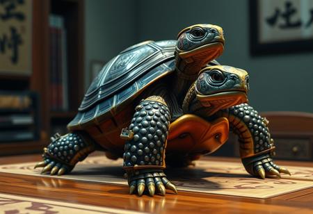 Create a high-definition, cinematic artwork of a turtle exoskeleton samurai sitting on a table, showcasing its full body in a realistic, lifelike manner, with a golden ratio composition and ultra-wide-angle perspective. The art style should resemble Yoh Yoshinori's work, with intricate, detailed micro-elements and a mix of organic and mechanical features. The exoskeleton should be prominently displayed, and the turtle's body should be visible, with a clear distinction between the two. Incorporate a subtle, cinematic film grain texture and ensure the image is free of watermarks or signatures. The final output should be in 8K resolution, with rich, vibrant colors and a high level of detail.