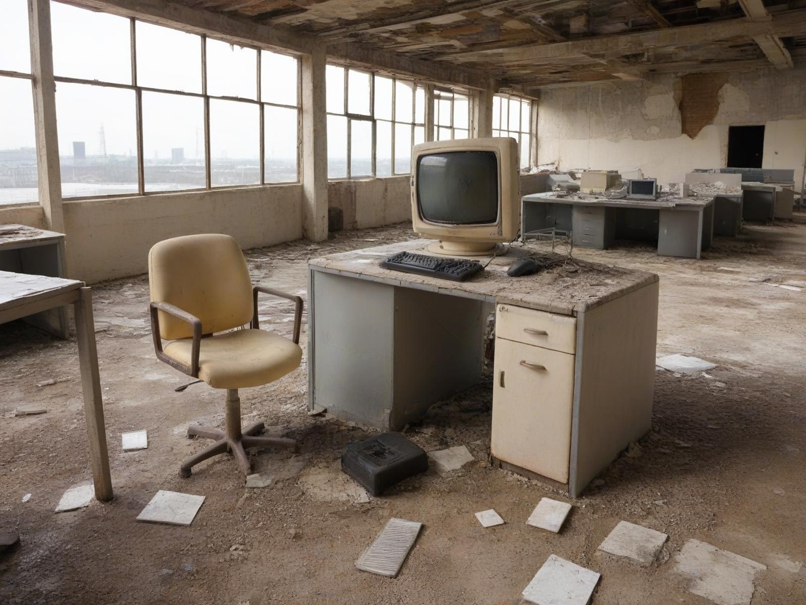An old and dirty computer desk with a chair, keyboard, and a TV screen.