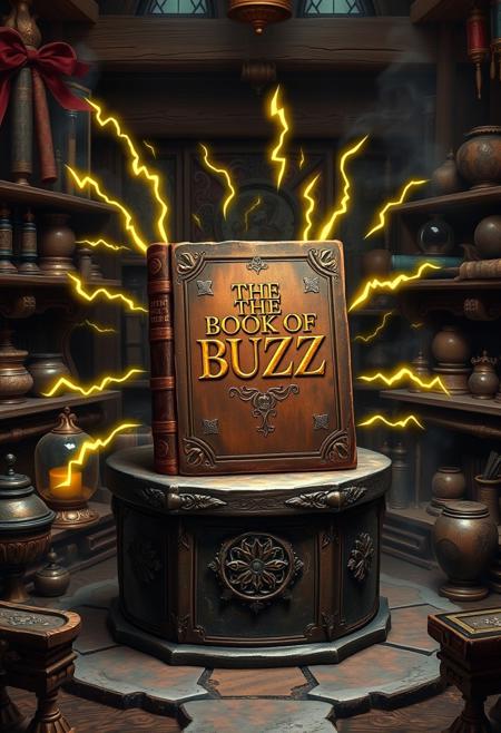 An ancient, leather-bound mystical tome with with the title "THE BOOK OF BUZZ" on a pedestal surrounded by a nimbus of small yellow lightning bolts, located in an arcane workshop filled with mysterious magical objects.