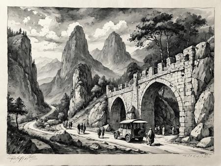 (Ink illustration on parchment). a caravan of travelers proceeds along a stone road set with a series of ancient stone archways leading upward from a forested glade into the foothills of a mountainous realm of jagged peaks and stony pillars, small stone shrines line the road between archways, clear skies with dark clouds on the distant horizon, very detailed: 1.5 eroticism. ink splashes, rough ink sketch, moody, gloomy, dark picture, high contrast, stylized.