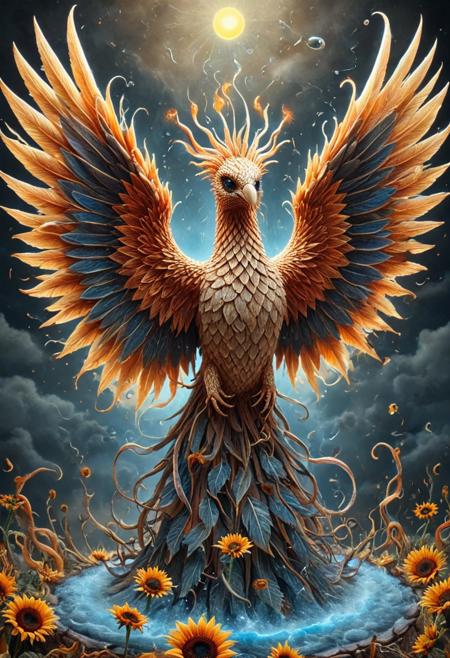 celestial marble phoenix Made of Sunflowers, flying through liquid sky, clouds melting into ribbons of color, fluid scales shimmering with white blue and red hues, glowing eyes, dynamic wings of flowing liquid, painterly lighting, vast fantasy environment, surreal atmosphere, highly detailed, magical realism, Made of Sunflowers