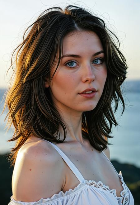 analogue portrait photo clear focus, high resolution image, of a beautiful 25 years Beautiful ((pale skin)), (blue eyes) brunette woman, <lora:Nadine_SDXL:0.8>, ,perfect face, sexy pose, wearing Botanical Tattoo, perfect eyes, detailed eyes, detailed iris, realistic skins absolute perfect tits, soft tits, natural tits, (frizzy messy shoulder length hair:1.6),,high quality, film grain, Fujifilm XT3, 8k uhd, dslr, film grain, kodak tri-x 400 film, grain photo DOF, faint lighting, dynamic angle, cinematic, Depth of field, bokeh, best quality, cinematic, light particles, highly_detailed, very_aesthetic, golden hour, beautiful_and_aesthetic ,Sexy pose, erotic pose, exhibitionism ,Cliffside village
