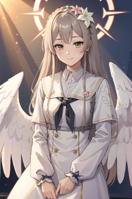 <lora:Kirifuji Nagisa-000010:0.8>, (masterpiece, best quality:1), 1girl, solo, kirifuji nagisa, long hair, smile, bangs, hair ornament, long sleeves, dress, holding, closed mouth, wings, hair flower, neckerchief, halo