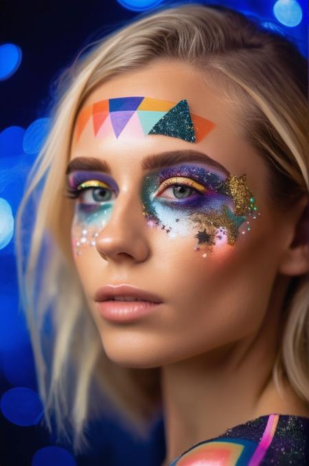 close up portrait photo of an 20 years old european blonde haired woman, enjoying live, style \(artistic face makeup with coloured geometric shapes and figures and lines and circles and Glitter and stars\),   <lora:makeup_050_cosine_iter2_ 002_sdxl_jugger_10epoches_adafactor-step00005000:1>, cold light