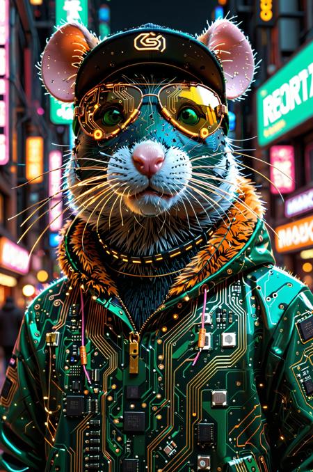 digital art of an anthropomorphic rat made of green and gold circuit board textures, with detailed etched patterns replacing fur, wearing a black and orange baseball cap designed from mesh circuits and panel traces, black reflective visor-like sunglasses, a black hoodie with a fur-lined collar reimagined as layered wires and copper threads, over a colorful jacket with glowing LED segments and synthetic fur collar made of braided fiber optics, detailed PCB textures across the body, pink microchip nose and fine gold wire whiskers, background shows a cyberpunk-style city street with blurred neon signs and soft glowing lights, urban setting with cool and warm tones, confident expression in a robotic yet expressive face, gold chain necklace made of glowing connector links, winter streetwear with circuit twist, vibrant green and orange palette with electric accents, high detail, futuristic yet grounded style, technological fashion in a circuit board world. TzigoCBS SDXLposXL,