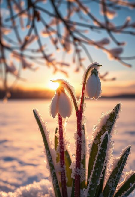 A close-up showing the stems and flowers of ((three)) snowdrops covered with thin ice crystals, framed by a bright winter sunrise over a frozen lake. The contours of the white flowers and delicate mint leaves are outlined by the deep lavender-purple color of the melted ice, and are in clear focus, demonstrating the complex details of the ice formations. In the background there is a panorama of the sunrise in soft focus over calm water, with warm orange and pink shades turning into the cold blue color of the sky. The sun is in the center of the image, radiating light through the branches. The picture was taken at a slightly raised angle when looking down at the frost-covered spring flowers. The overall atmosphere is serene and magical, evoking a sense of winter wonder and serene beauty. Golden bokeh, fluffy snowflakes in the air.