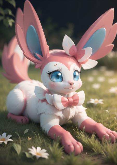 sylveon,animal focus,cute,nigth,grass,flowers,  <lora:Sylveon:0.75>