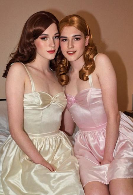 two cute skinny crossdressers, light freckles, slight smile, (lesbian kissing:2), touching
high contrast flash photography, night time, lying next to each other in bed, cheap motel, body hair
(light makeup:1.2)
loose (satin:2) retro prom dresses, ribbons, lace trim