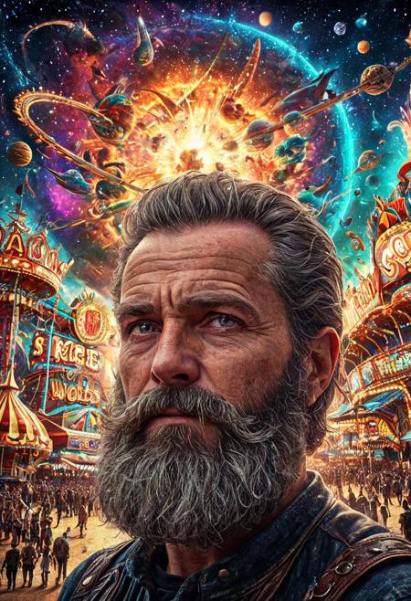 Highly detailed,  vibrant surreal fantasy artwork. In the foreground a head and shoulders shot of a man of advancing years with wild eyes and a wild beard, while behind him a  fabulous fairground with a range of spectacular rides, above in the massive arc of heaven,  countless worlds, stars,  and comets burn brightly, th3pathstyl