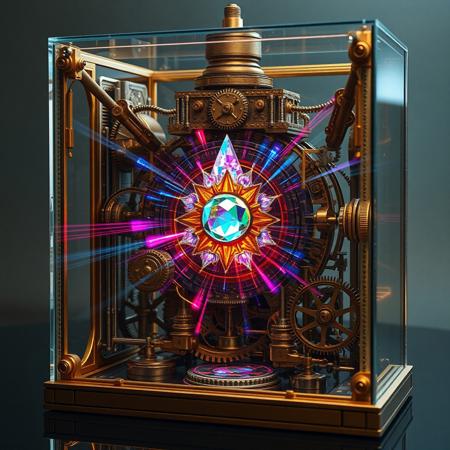 Inside of its glass case a fantastical steampunk quantum computer bends time and space. Beams of coloured photons swirl and dance around the intricate clockwork gears and cog wheels. At its hearts a fabulous multidimensional crystal pulses to to heartbeat of the universe. This striking image, envisioned as a high resolution digital image, showcases the machine's ornate design and cutting-edge functionality. Every detail is meticulously rendered, creating a visually stunning masterpiece that captivates the viewer with its intricate beauty and technological brilliance.
