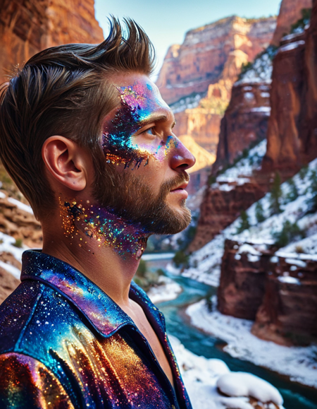 Painting, profile of a Expressive Weird ral-iricnt, inside a Grand Canyon, Snowy, Bokeh, Masterpiece, Kodachrome, Acid colors dust particles, Flickr, (symbolism art stylized by Robert Kirkman:1.2) , emotional, <lora:ral-iricnt-sdxl:1>, enchanted, background inspired, intricate artistic color, dynamic cinematic perfect background, artistic, dynamic dramatic atmosphere, shiny