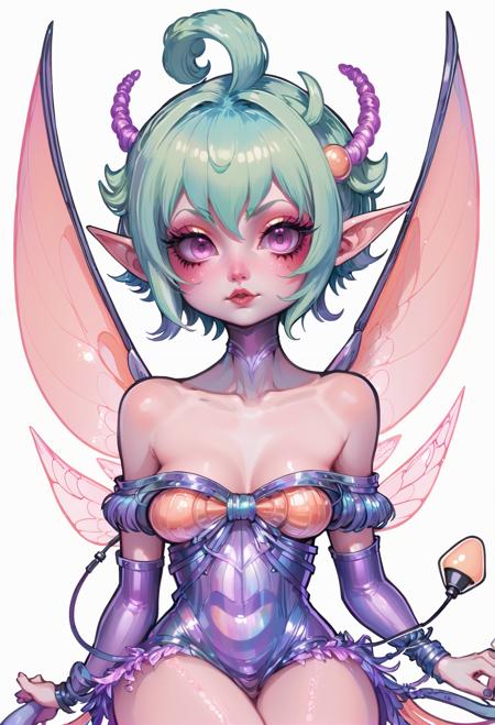 odd little pixie, anime style, 1girl, (shimmering artist:1.3), (in a modern, unpleasant brewery:1.3), full body, pastel ultraviolet hair, Rope Twists,pixie cut, lipstick, long eyelashes, , peach eyes, [:intricate costume design:0.2], wings, (small breasts:1.5), wide hips, narrow waist, thicc toned hourglass figure,, ((off shoulder dress:1.3):1.2), <lora:EnvyPixieXL01:0.8>