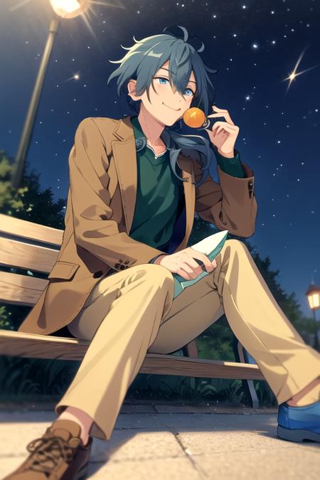 <lora:NikiShiina-08:0.7> ,niki, solo, long hair, smile, blue eyes, shirt, long sleeves, 1boy, holding, hair between eyes, sitting, blue hair, jacket, male focus, outdoors, food, sky, shoes, collared shirt, pants, bag, night, eating, holding food, sneakers, star (sky), night sky, hair over shoulder, lens flare, low ponytail, blue footwear, brown jacket, green shirt, bench, brown pants, lamppost, shopping bag, paper bag, plastic bag, park bench