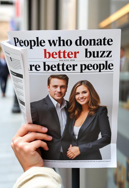 At a newsstand, you can read a newspaper with the headline "People who donate buzz are better people."
The subheading reads "It has been discovered that people who donate buzz are smarter, more beautiful, and live longer." It also includes an image of a handsome, rich, and successful man and woman.