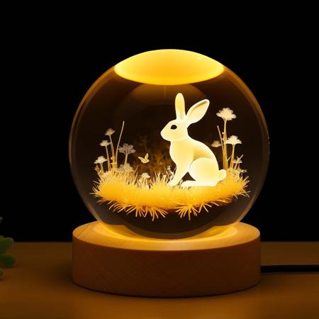 a crystal ball with a rabbit and grasslands inside of it,yellow night light, warm ambient light<lora:CrystalBall_1.0:1>