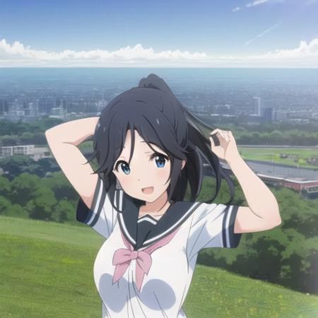 <lora:kasaki_nozomi_v4-000006:0.6>, high quality, masterpiece, beautiful, 1girl, (kasaki_nozomi), ((flat chest)), high ponytail, blue eyes,  black_hair, school_uniform,  natural landscape, looking at viewer, excited, jumping, dynamic pose, arms up, (panorama)