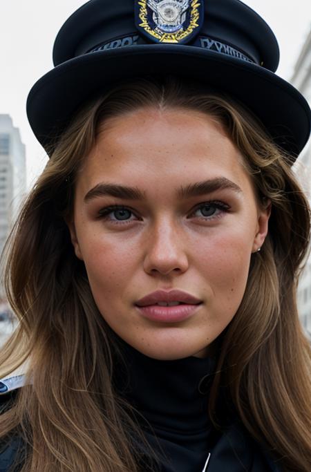 elizabethzuschlag a beautiful police woman in a police uniform,  focus on eyes, sexy stare,  outside, newyork