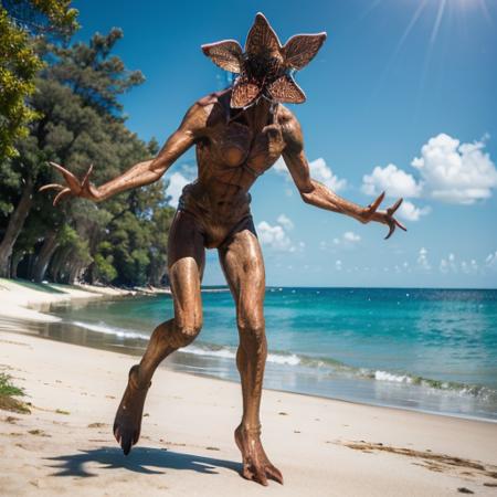 (Demogorgon), beach, sunny day, full body, ((bikini)), (masterpiece),((ultra-detailed)), (highly detailed CG illustration),(expressionless), (best quality:1.2),realistic8K UHD,High definition <lora:demogorgon_V1-000005:0.8>