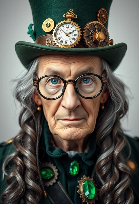 Steampunk portrait. Layout: Close-up shot. Subject: An elderly person with fair skin and long, wavy grey hair, wearing a green top hat adorned with intricate brass gears, a clock, and green fabric. The person has striking blue eyes and wears unique, ornate glasses with a leaf-like design. The attire includes green and black clothing with large, green gemstone accessories. The background is a soft, light gradient, keeping the focus on the subject's detailed and expressive facial features.