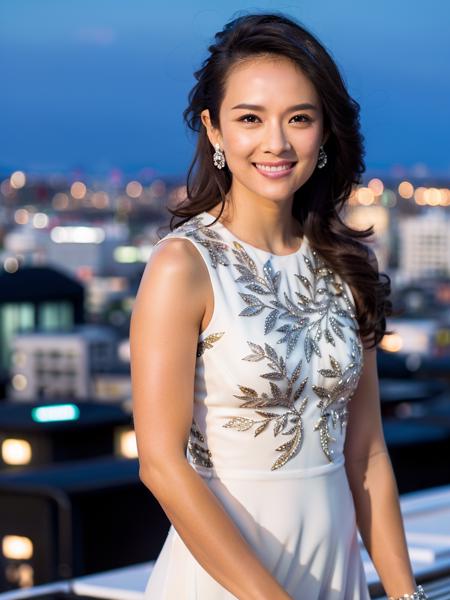 1girl,(wearing a silk white dress:1.2), (on the rooftop:1.4),sitting,looking at viewer, (RAW photo, best quality), (realistic, photo-realistic:1.4), masterpiece, an extremely delicate and beautiful, extremely detailed, 2k wallpaper, Amazing, finely detail, extremely detailed CG unity 8k wallpaper, ultra-detailed, highres, soft light, beautiful detailed girl, extremely detailed eyes and face, beautiful detailed nose, beautiful detailed eyes,cinematic lighting,perfect anatomy,(slim body:1.3),long hair,(black hair:1.2),city lights at night,smiling <lora:Zhangziyi_v11:0.8>