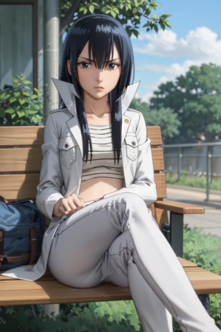 (masterpiece, best quality:1.2), <lora:beelzebub_kunieda-10:0.8>, solo, 1girl, kunieda aoi, serious, closed mouth, sitting in a bench, crossed legs, blue hair, open clothes, coat, sarashi, white pants, (debris:1.1)