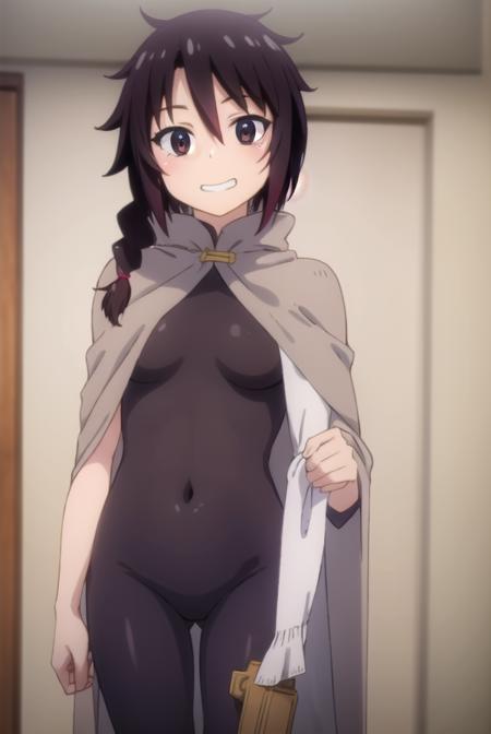 reviewerstunk, <lora:reviewer stunk female-lora-nochekaiser:1>,
stunk, long hair, black hair, (brown eyes:1.5), braid, single braid, smile, grin,
BREAK cape, bodysuit, covered navel, cloak,
BREAK indoors, bed,
BREAK looking at viewer, (cowboy shot:1.5),
BREAK <lyco:GoodHands-beta2:1>, (masterpiece:1.2), best quality, high resolution, unity 8k wallpaper, (illustration:0.8), (beautiful detailed eyes:1.6), extremely detailed face, perfect lighting, extremely detailed CG, (perfect hands, perfect anatomy),