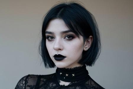 Teen brunnete nordic goth girl | tattoo | dark | Adult | On street | High quality | gothic makeup | realistic | informal | cute girl | bob cut hair | choker | solo | black hair | A mysterious look | piercing | black gloves | Full height | Informal clothes