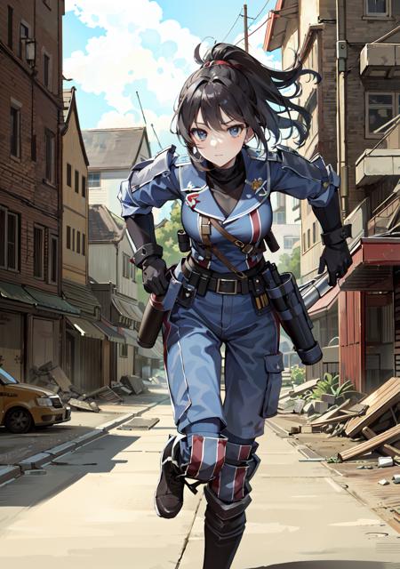 (masterpiece), best quality, 1 girl,solo, looking at viewer, street ruins,  pants,  war, explosion, holding rifle, ponytail, run, action, running, gallia_uniform, <lora:gallia_uniform_80:0.6>,