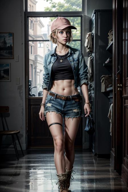 (masterpiece, best quality)
LauraTheQuarry, 1girl, solo, looking at viewer, short hair, blue eyes, blonde hair, shirt, hat, navel, jewelry, standing, jacket, full body, pantyhose, boots, shorts, socks, midriff, belt, bracelet, sweater, torn clothes, black shirt, brown footwear, denim, fishnets, baseball cap, denim shorts, realistic, fishnet pantyhose, clothes around waist, jacket around waist, fashion, sweater around waist
<lora:epi_noiseoffset2:1>  <lora:add_detail:0.7>   <lora:LauraTheQuarry:0.8>